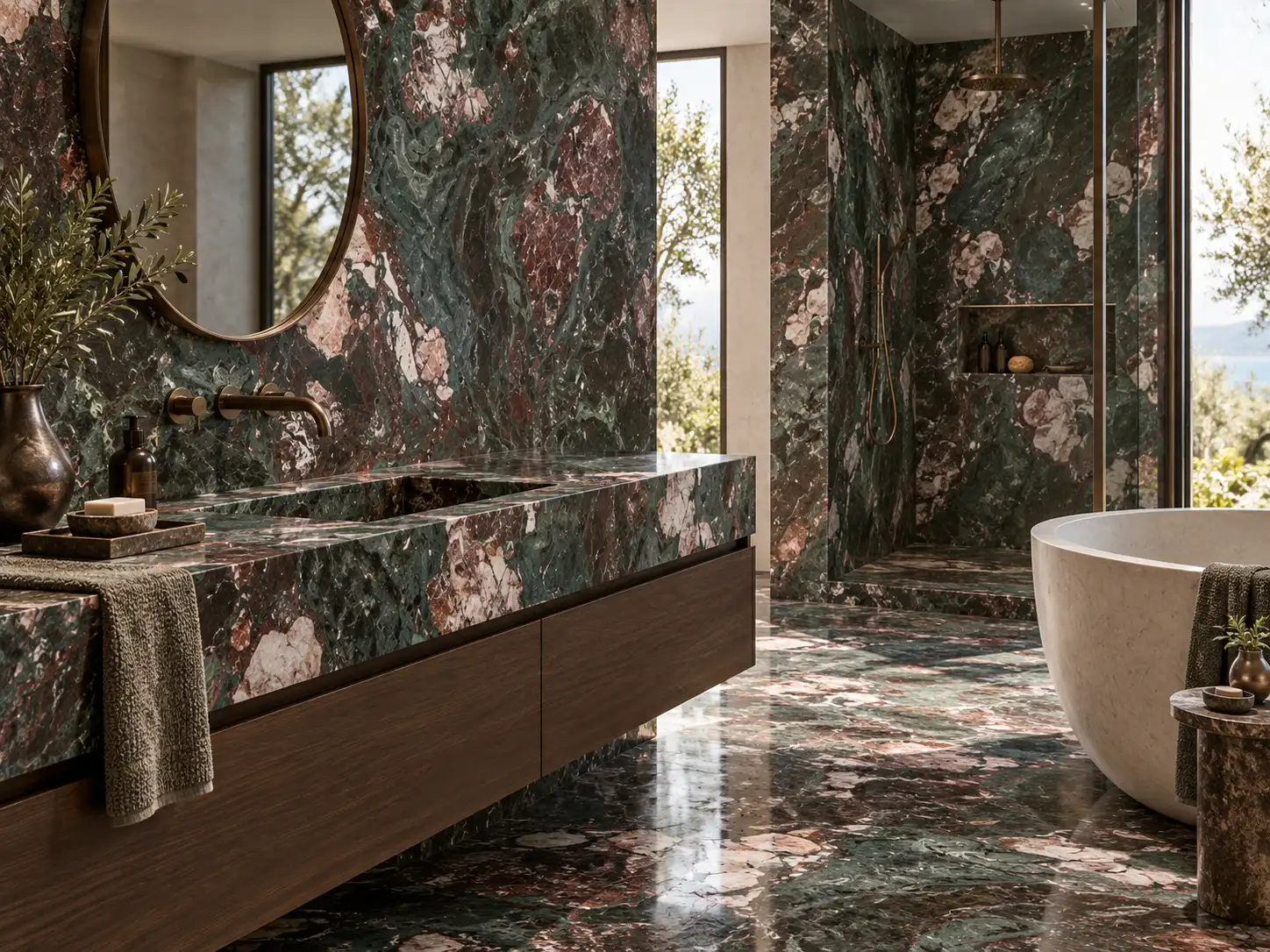 Four Seasons Green Marble Bathroom Vanity and Wall Design Four Seasons Green Marble Bathroom Vanity and Wall Design
